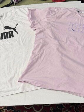 Set of 2 PUMA Cat Jumping Logo T Shirts Womens 2XL, 3XL White and Pink
